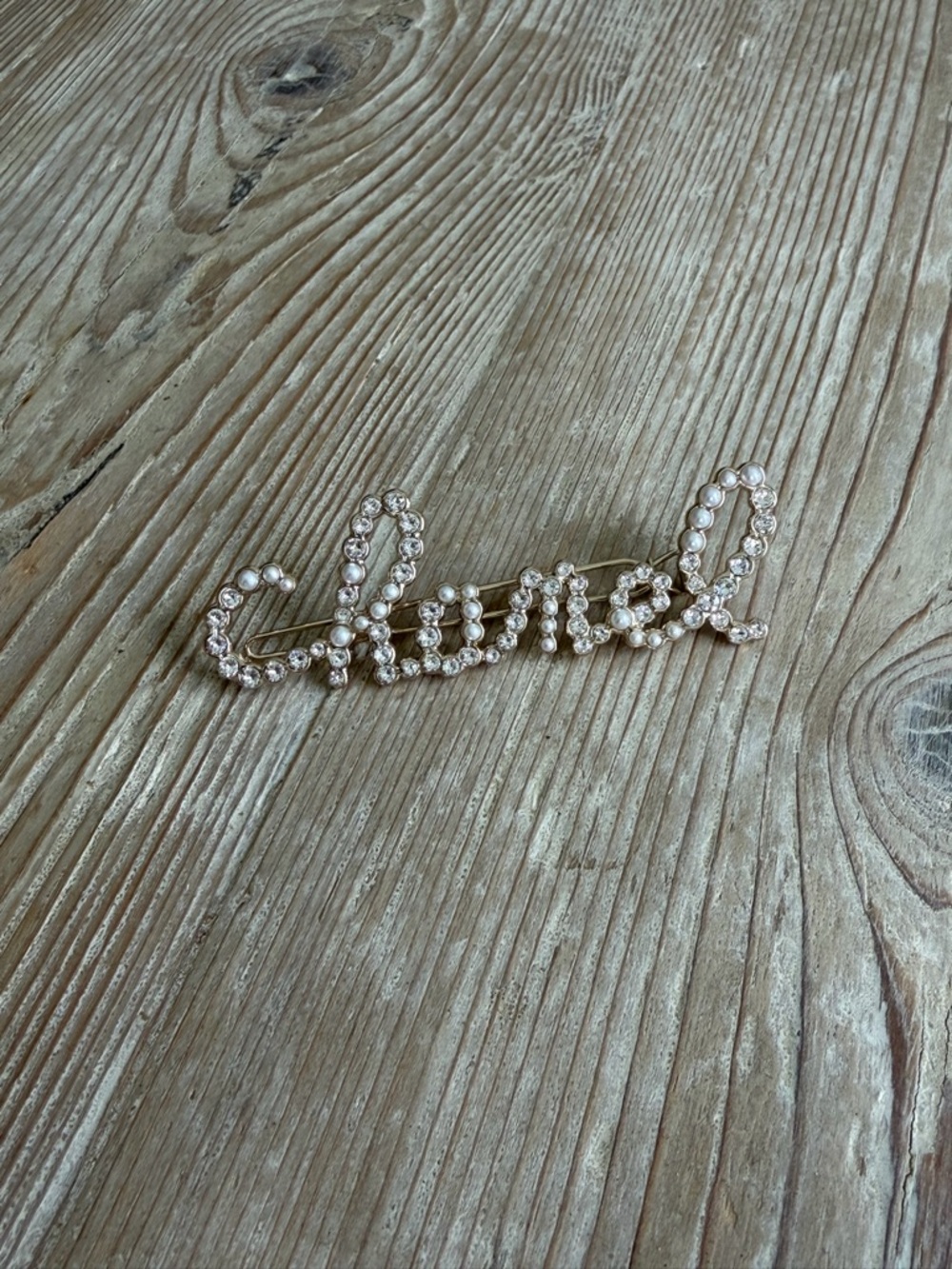 Chanel Logo Pearl Script Barrette- Gold & Pearl - Picture 2 of 3